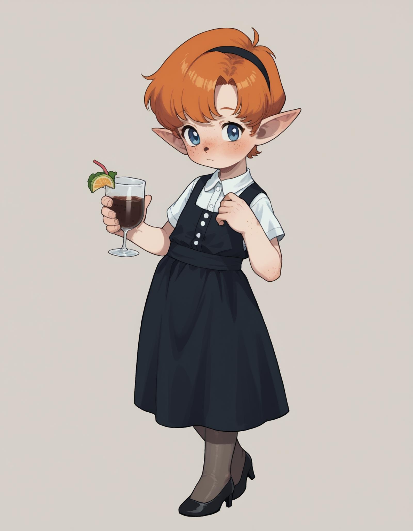 zPDXL, score_9, score_8_up, score_7_up, source_anime,1girl, solo, waitress wearing Black cocktail dress with a sweetheart neckline, sheer stockings, black heels, retro-style headband with a bow, carrying a coffee pitcher,carrying a wiping cloth,  <lora:PossumMachine_v2:0.8> possmach, little girl, child, flat chest, <lora:Popipi_v1-10:0.8> popipi, lalafell, blue eyes, dark nose, freckles, orange hair, short hair, pointy ears,