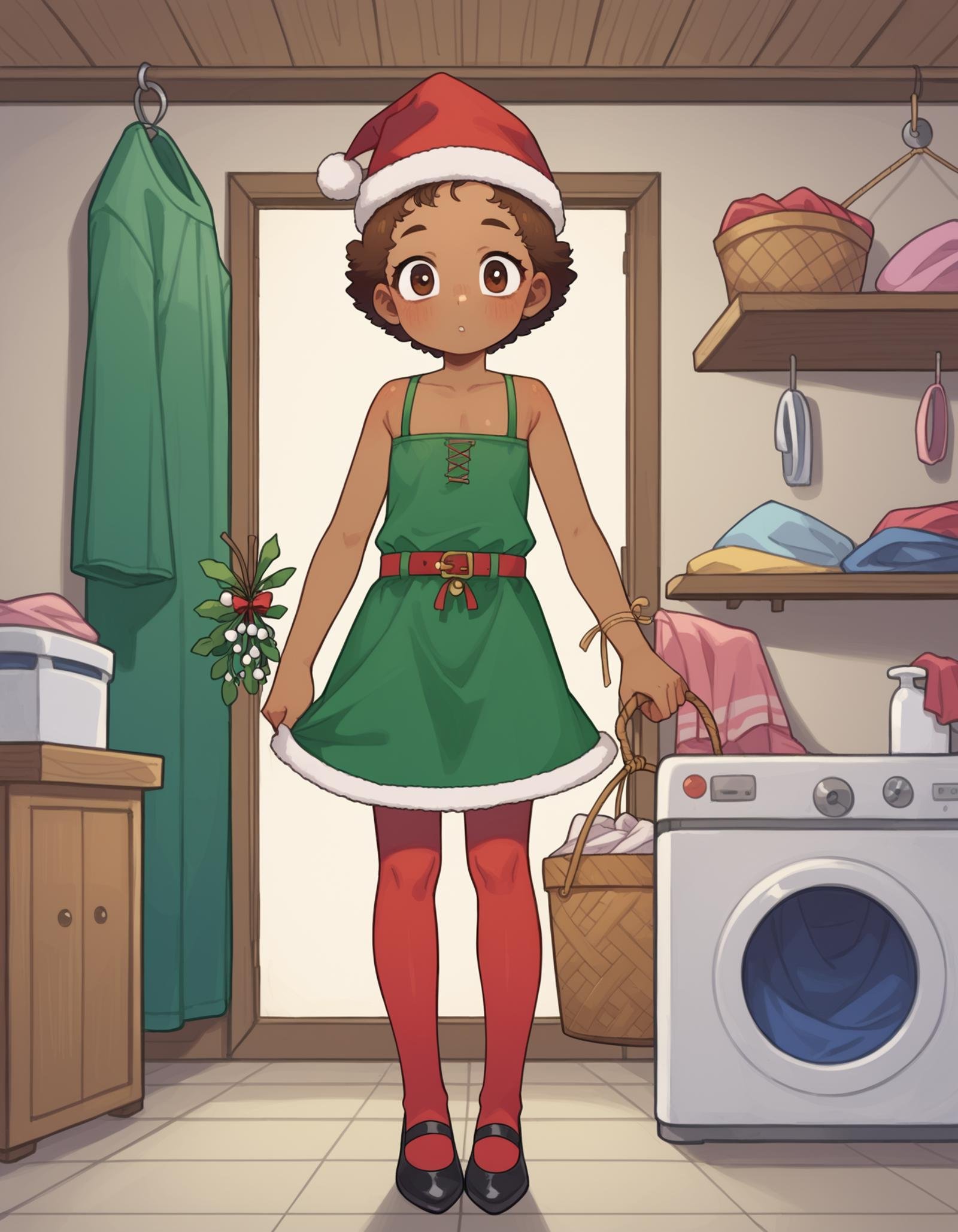 zPDXL, score_9, score_8_up, score_7_up, source_anime,1girl, solo, (gorgeous young woman), african, dark skin, brown eyes, petite build, short hazel  hair,  wearing Green sequined dress with red belt, red stockings, black ankle strap heels, jingle bells christmas hat, carrying a sprig of mistletoe, set in Laundry Room, Functional area with a washer and dryer, laundry baskets for sorting clothes, shelves stocked with detergent and fabric softener, a folding table, and a hanging rod for air-drying clothes ,  <lora:PossumMachine_v2:0.8> possmach, little girl, child, flat chest