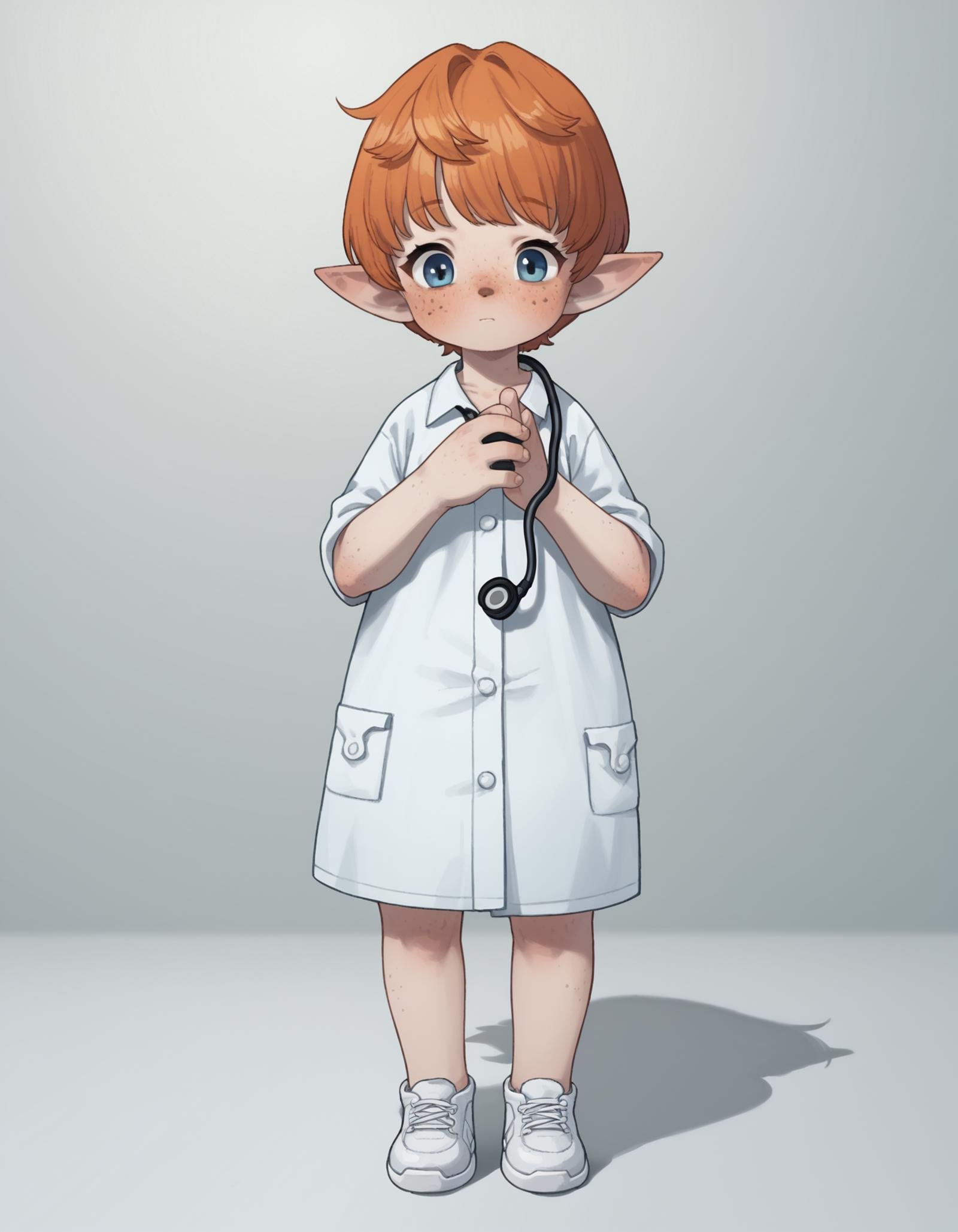 zPDXL, score_9, score_8_up, score_7_up, source_anime,1girl, solo, doctor wearing a green medical scrub, slacks, white sneakers, stethoscope,holding a penlight,  <lora:PossumMachine_v2:0.8> possmach, little girl, child, flat chest, <lora:Popipi_v1-10:0.8> popipi, lalafell, blue eyes, dark nose, freckles, orange hair, short hair, pointy ears,