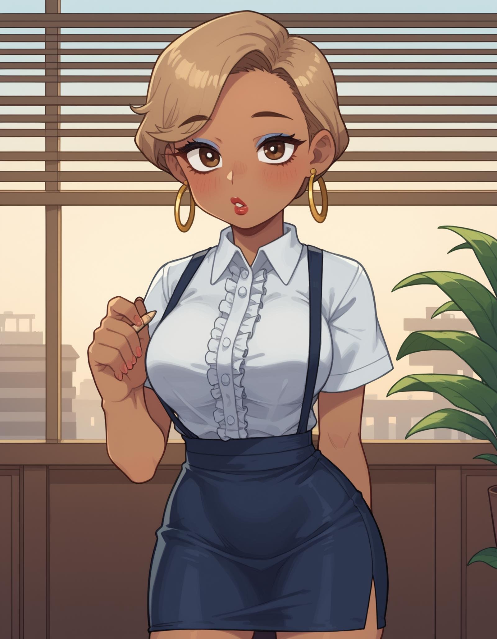 zPDXL, score_9, score_8_up, score_7_up, source_anime,1girl, solo, (supermodel office secretary) young woman, south african, dark skin, light brown eyes, curvy build, short hazel  hair,  wearing a soft grey  tailored vest over a blouse, pencil skirt, classic pumps, minimalist ring set,simple hoop earrings, lipgloss,subtle eyeshadow, set in a spacious conference room with floor-to-ceiling windows, offering natural light and a panoramic view, creating an inspiring setting for meetings, at sunset,  <lora:PossumMachine_v2:0.8> possmach