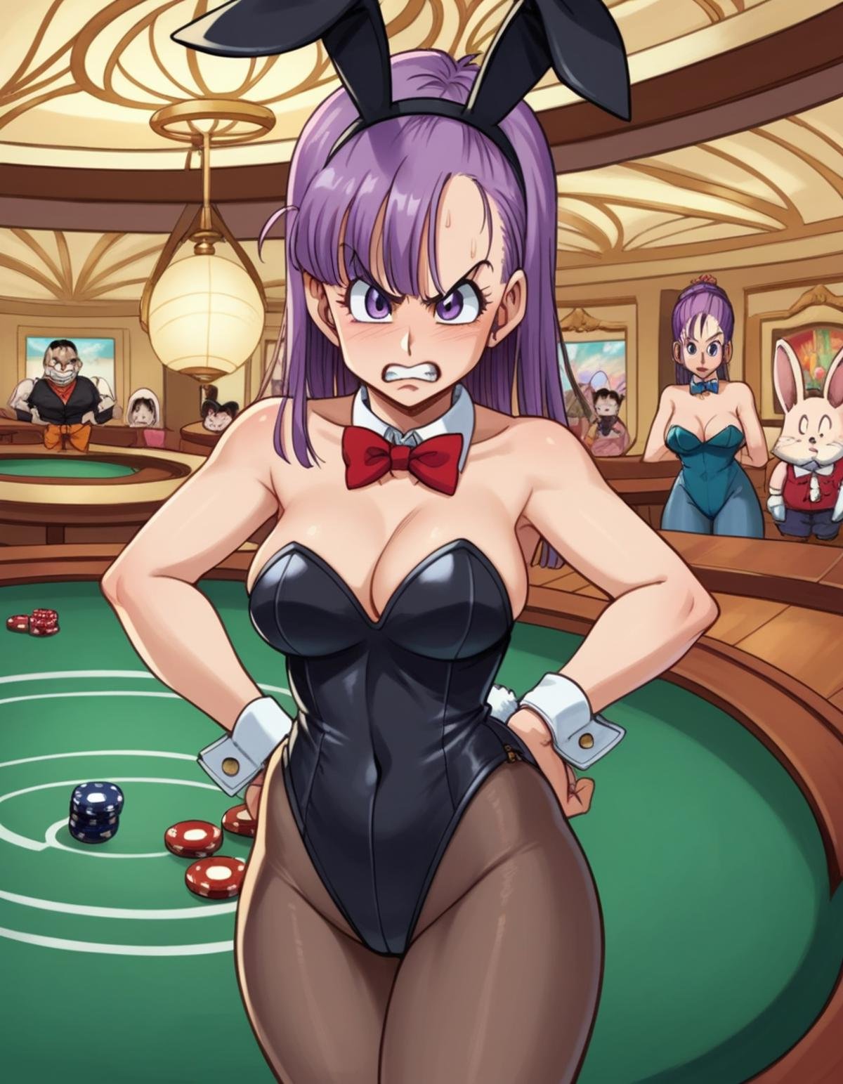 zPDXL, score_9, score_8_up, score_7_up, source_anime, BREAK1girl, solo, <lora:4kira_v1:1> 4kira, bulma, purple hair, purple eyes, playboy bunny, pantyhose, rabbit ears, rabbit tail, angry, clenched teeth, portrait, casino, indoors, 