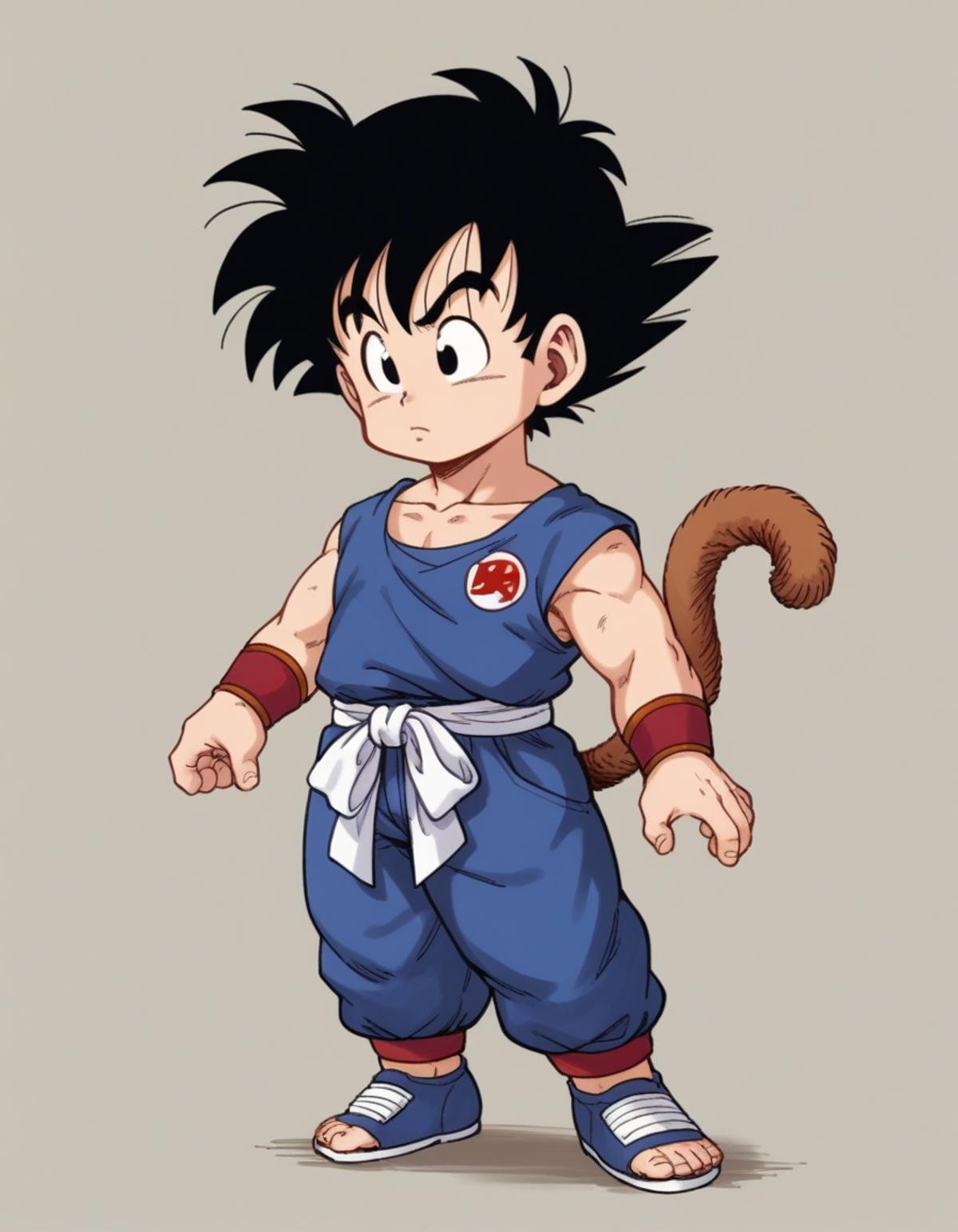 zPDXL, score_9, score_8_up, score_7_up, source_anime, BREAK1boy, solo, <lora:4kira_v1:1> 4kira, son goku, black hair, messy hair, black eyes, little boy, child, monkey tail, blue shirt, blue pants, flats, dogi, chibi, 