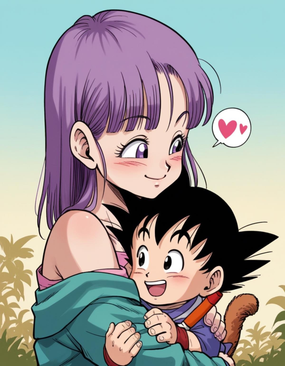 zPDXL, score_9, score_8_up, score_7_up, source_anime, BREAK<lora:4kira_v1:1> 4kira, son goku, black hair, black eyes, bulma, purple hair, purple eyes, multiple characters, 1girl, 1boy, outdoors, happy, hugging, looking at another, cute, adorable, blush, heart, portrait, 