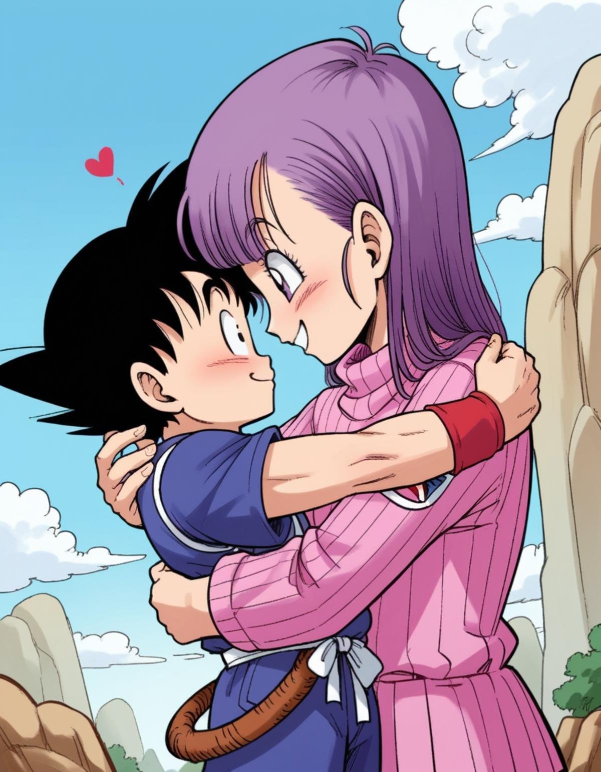 zPDXL, score_9, score_8_up, score_7_up, source_anime, BREAK<lora:4kira_v1:1> 4kira, son goku, black hair, black eyes, bulma, purple hair, purple eyes, multiple characters, 1girl, 1boy, outdoors, happy, hugging, looking at another, cute, adorable, blush, heart, portrait, 