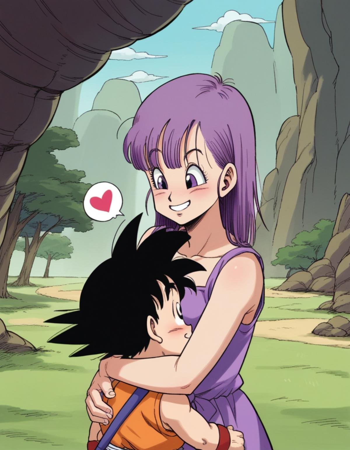 zPDXL, score_9, score_8_up, score_7_up, source_anime, BREAK<lora:4kira_v1:1> 4kira, son goku, black hair, black eyes, bulma, purple hair, purple eyes, multiple characters, 1girl, 1boy, outdoors, happy, hugging, looking at another, cute, adorable, blush, heart, portrait, 