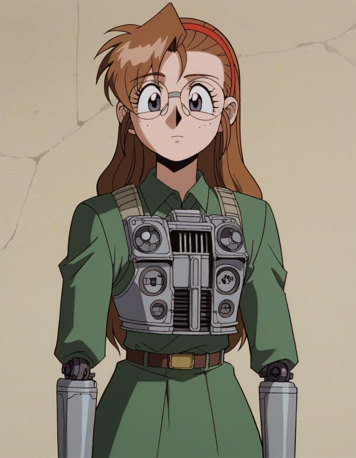 zPDXL, score_9, score_8_up, score_7_up, source_anime, 8k, absurdres, 1990s \(style\), retro artstyle, anime coloring, 1girl, solo, <lora:Gunsmith_v3-20:1> gnsmth, becky, round eyewear, freckles, grey eyes, brown hair, long hair, hairband , (cyborg) wearing skirt, shirt, Exoskeletal arms with armored plates, tactical camouflage pattern, military-grade aesthetic, Bioengineered legs enhancements with organic tissue integration, bioluminescent veins, translucent synthetic skin,,