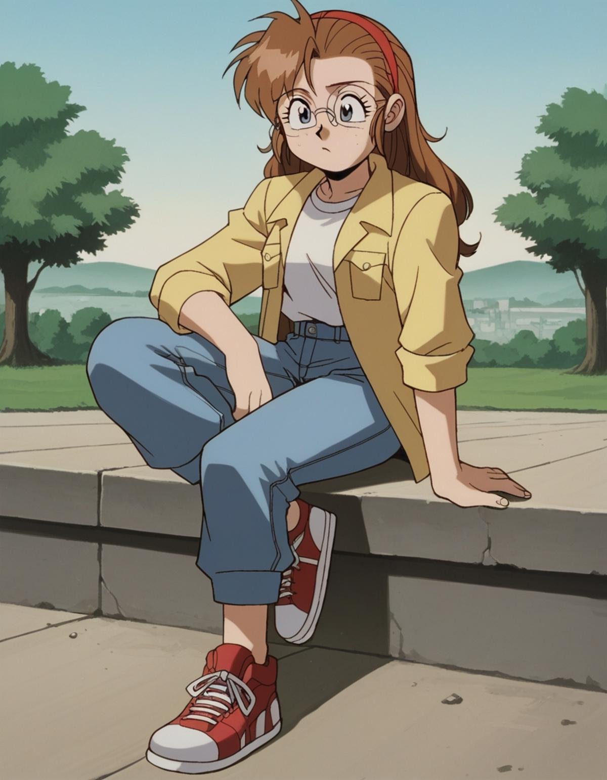 zPDXL, score_9, score_8_up, score_7_up, source_anime, 8k, absurdres, 1990s \(style\), retro artstyle, anime coloring, 1girl, solo, <lora:Gunsmith_v3-20:1> gnsmth, becky, round eyewear, freckles, grey eyes, brown hair, long hair, yellow jacket, sleeves rolled up, blue pants, sneakers, white shirt, 