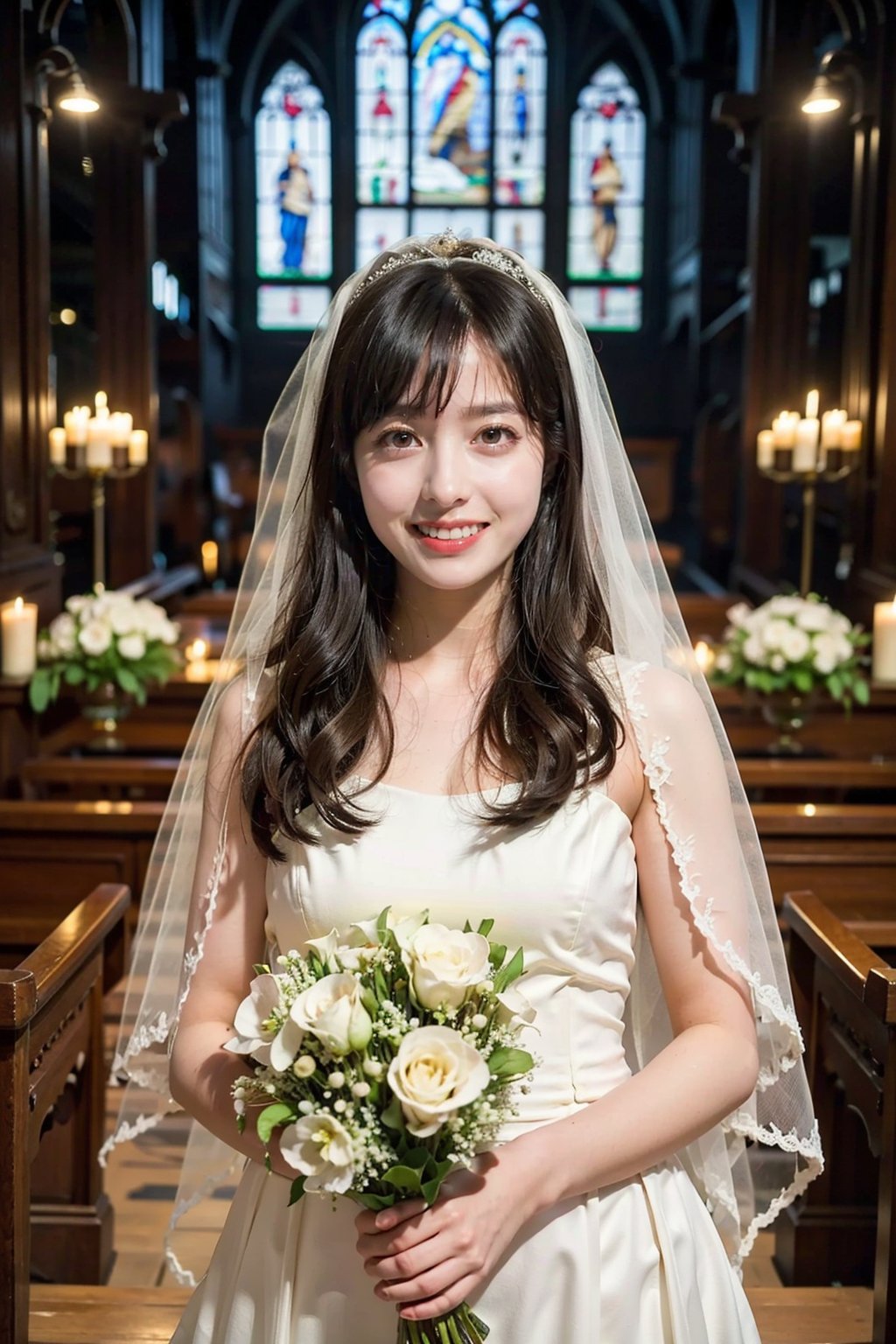 1girl, wedding scene, beautiful, black hair, long hair, (bride:1.2), white wedding dress, veil, holding bouquet, (smile:1.1), sparkling eyes, surrounded by guests, church interior, stained glass windows, flower decorations, candlelight, warm atmosphere, detailed background, depth of field, realistic, ambient light, (cinematic composition:1.3), high definition, best quality, masterpiece.