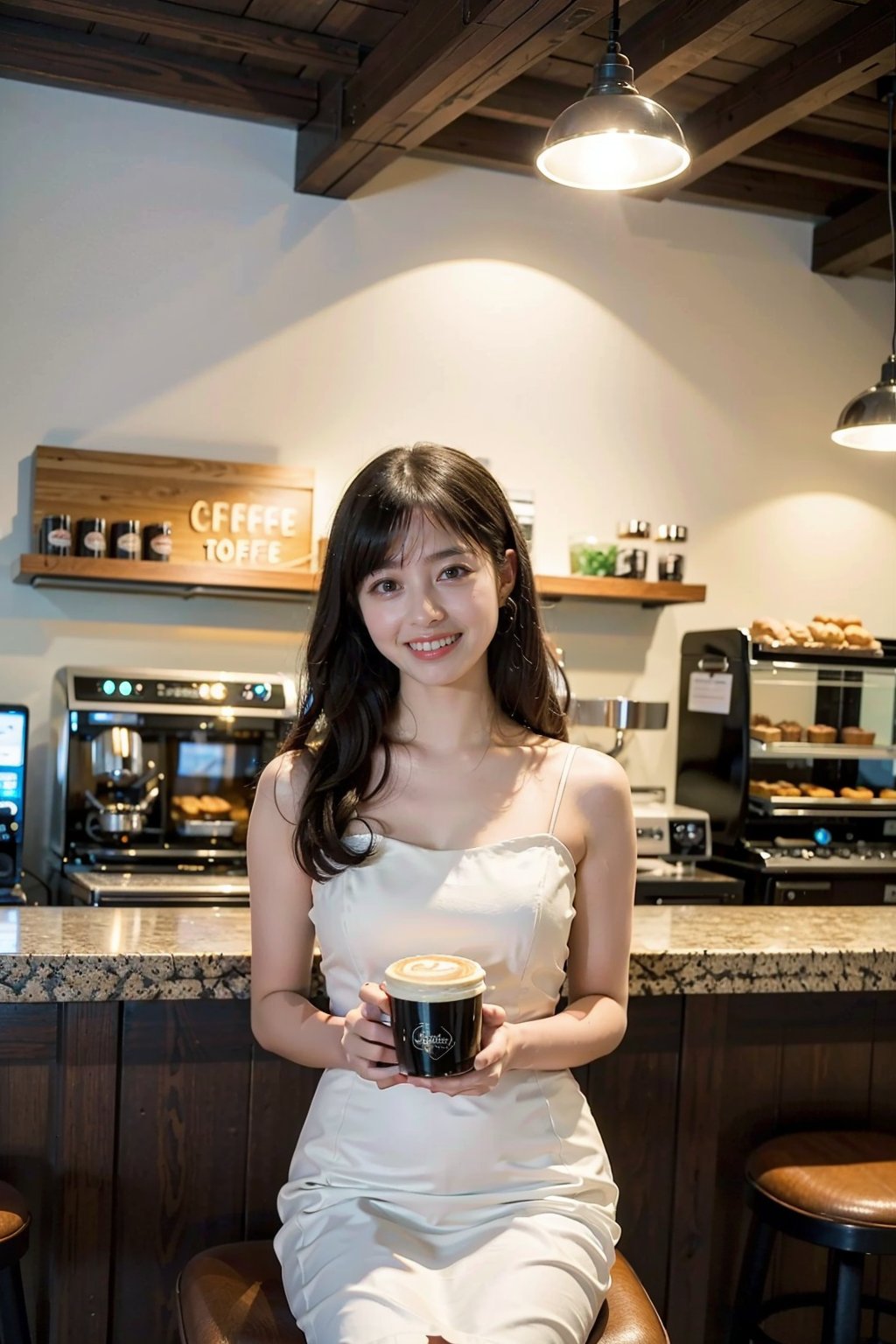 1girl, beautiful, black hair, long hair, smiling, coffee shop, sitting, (20yo:1.3), detailed eyes, light blush, white dress, (flowers in hair:1.1), looking at viewer, counter, espresso machine, cups, pastries, warm lighting, cosy atmosphere, beautifully detailed background, realistic, ambient light, (cinematic composition:1.3), HDR, Accent Lighting, wide-angle lens, best quality, masterpiece.