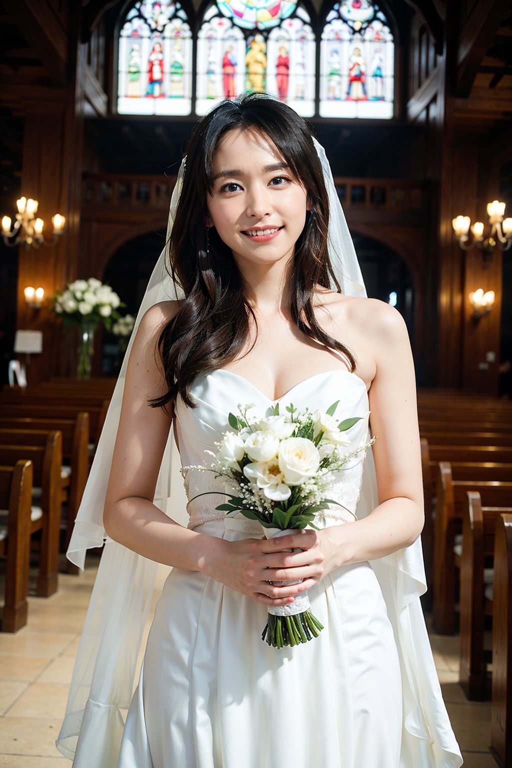 1girl, wedding scene, beautiful, black hair, long hair, (bride:1.2), white wedding dress, veil, holding bouquet, (smile:1.1), sparkling eyes, surrounded by guests, church interior, stained glass windows, flower decorations, candlelight, warm atmosphere, detailed background, depth of field, realistic, ambient light, (cinematic composition:1.3), high definition, best quality, masterpiece.