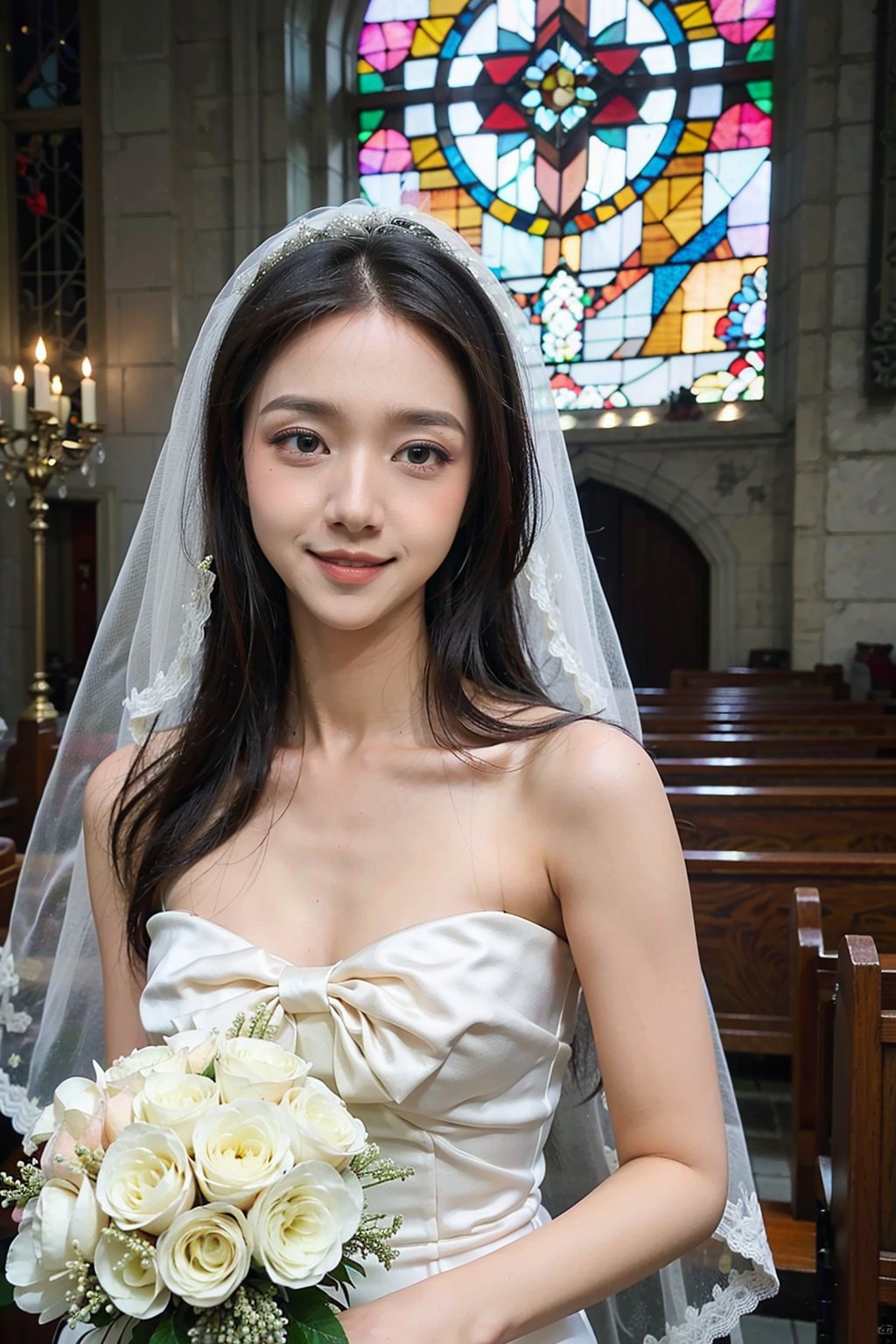 1girl, wedding scene, beautiful, black hair, long hair, (bride:1.2), white wedding dress, veil, holding bouquet, (smile:1.1), sparkling eyes, surrounded by guests, church interior, stained glass windows, flower decorations, candlelight, warm atmosphere, detailed background, depth of field, realistic, ambient light, (cinematic composition:1.3), high definition, best quality, masterpiece.