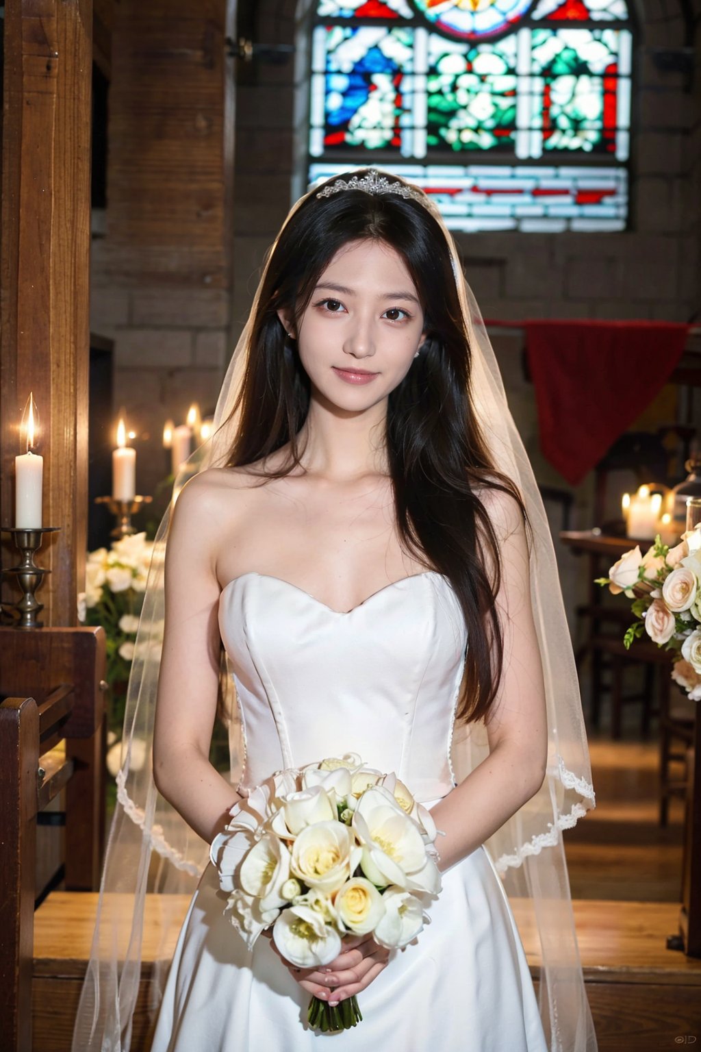 1girl, wedding scene, beautiful, black hair, long hair, (bride:1.2), white wedding dress, veil, holding bouquet, (smile:1.1), sparkling eyes, surrounded by guests, church interior, stained glass windows, flower decorations, candlelight, warm atmosphere, detailed background, depth of field, realistic, ambient light, (cinematic composition:1.3), high definition, best quality, masterpiece.