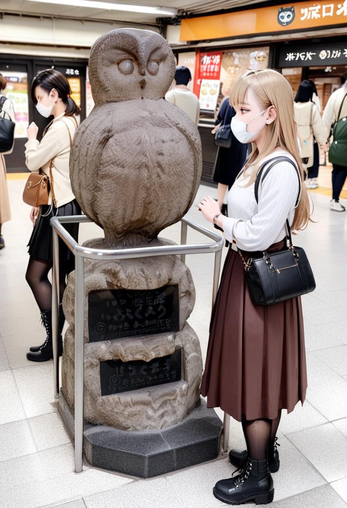 masterpiece, best quality, very aesthetic, absurdres,ikefukurou, statue, owl, bag, multiple girls, mask, blonde hair, mouth mask, black hair, long hair, handbag, photo background, shirt, black footwear, pantyhose, realistic, white shirt, boots, dress, skirt, black bag, tiles, tile floor <lora:ikefukurou_SDXL_V1:1>