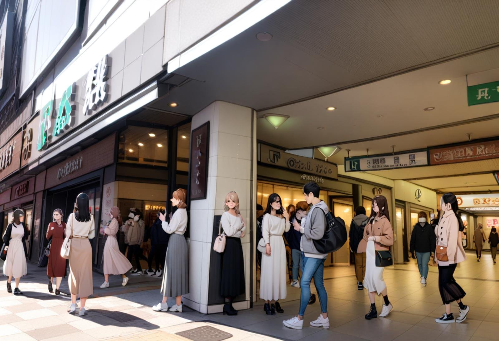 masterpiece, best quality, very aesthetic, absurdres,ikebukuro_higashiguchi, storefront, multiple girls, multiple boys, bag, real world location, 6+girls, brown hair, long hair, sneakers, skirt, pants, shirt, denim, shoes, handbag, phone, black hair, short hair, walking, long skirt, 6+boys, jeans, dress, white footwear, hoodie, outdoors <lora:ikebukuro_higashiguchi_SDXL_V1:1>