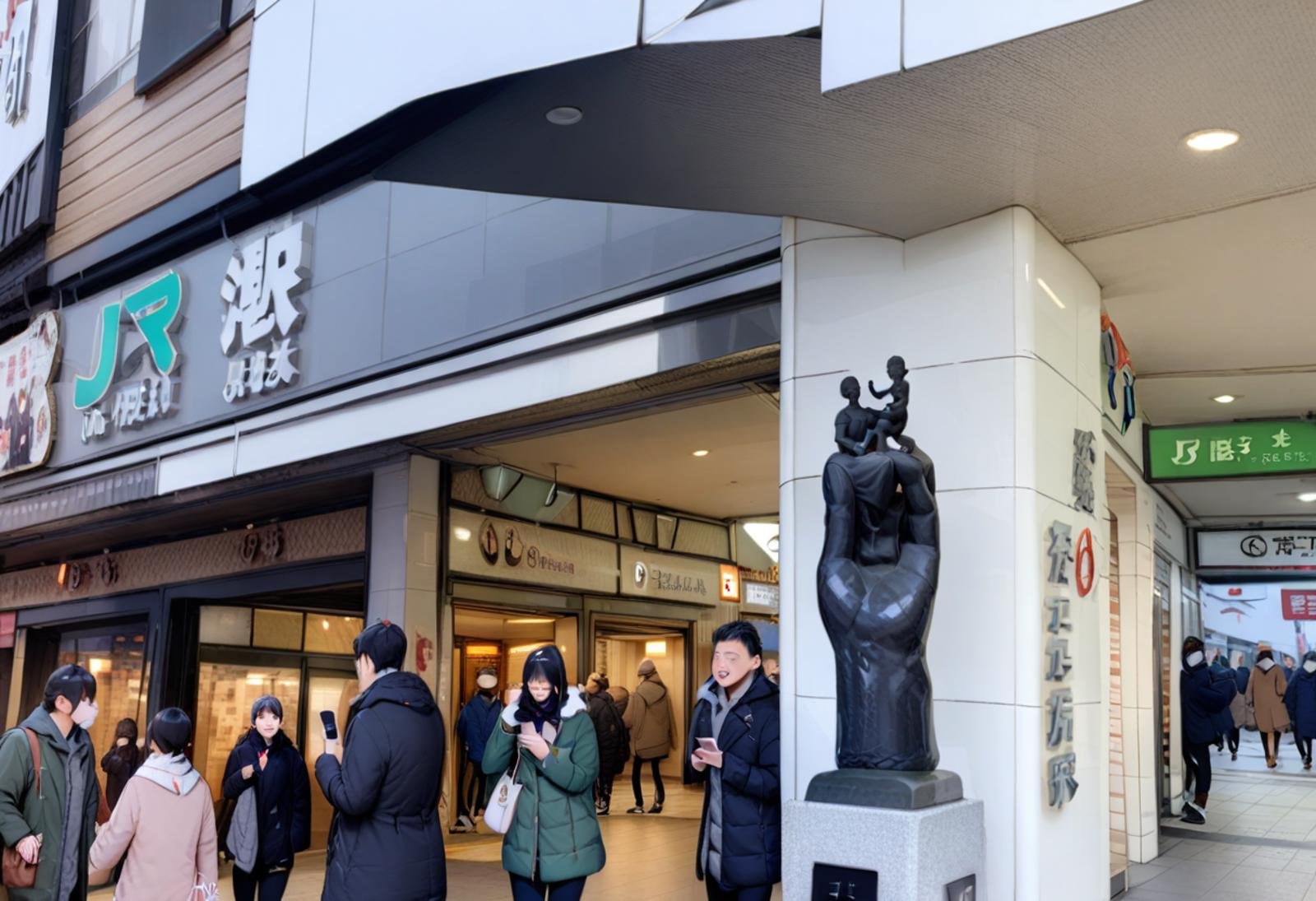 masterpiece, best quality, very aesthetic, absurdres,ikebukuro_higashiguchi, storefront, multiple boys, 6+boys, black hair, multiple girls, real world location, photo background, phone, bag, coat, outdoors, statue, close-up <lora:ikebukuro_higashiguchi_SDXL_V1:1>