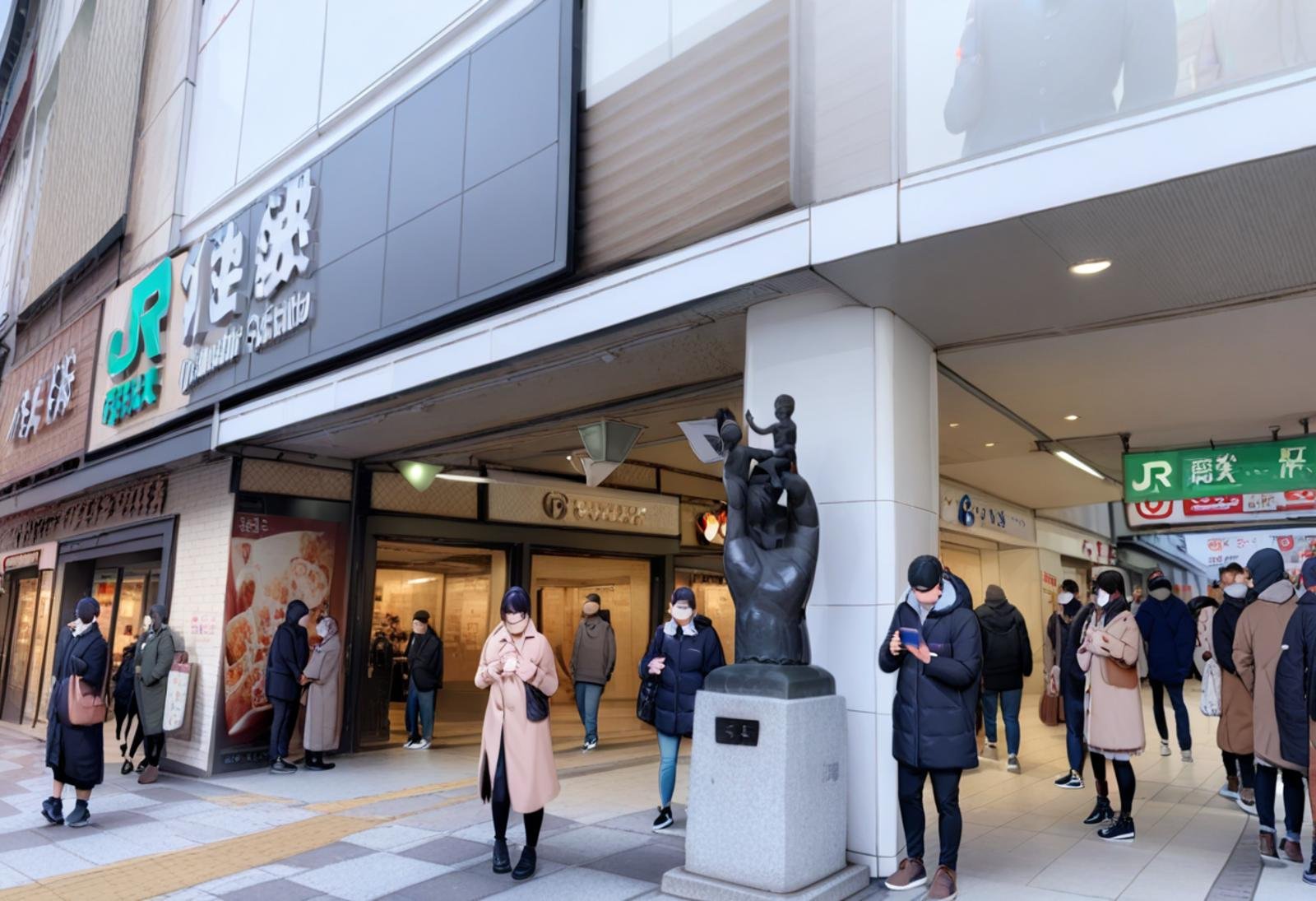 masterpiece, best quality, very aesthetic, absurdres,ikebukuro_higashiguchi, storefront, multiple boys, 6+boys, black hair, multiple girls, real world location, photo background, phone, bag, coat, outdoors, statue, close-up <lora:ikebukuro_higashiguchi_SDXL_V1:1>