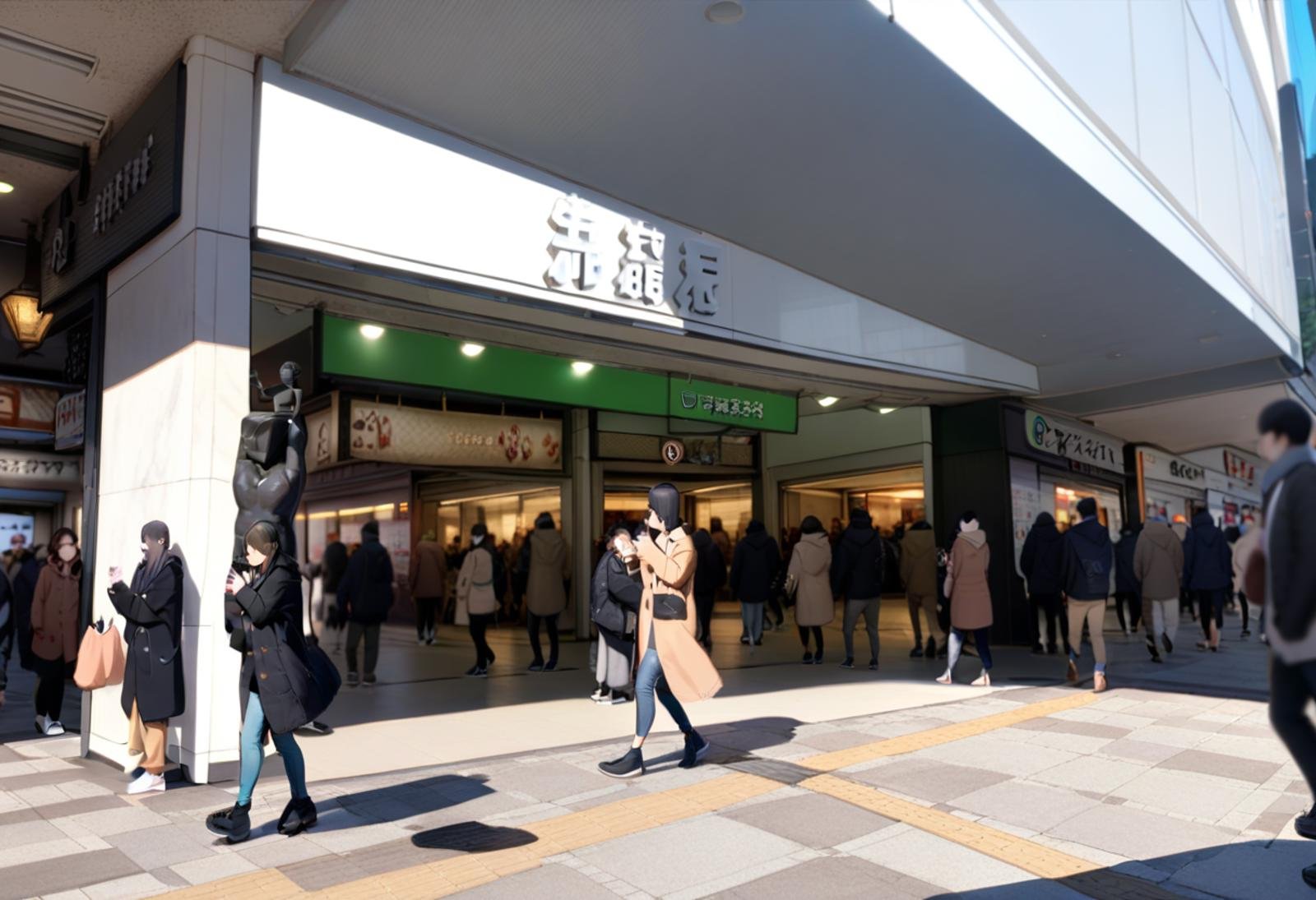 masterpiece, best quality, very aesthetic, absurdres,ikebukuro_higashiguchi, storefront, real world location, multiple girls, bag, multiple boys, 6+boys, walking, coat, handbag, outdoors, black hair, phone, pants, 6+others, 6+girls, shoes, scenery, long hair, statue <lora:ikebukuro_higashiguchi_SDXL_V1:1>