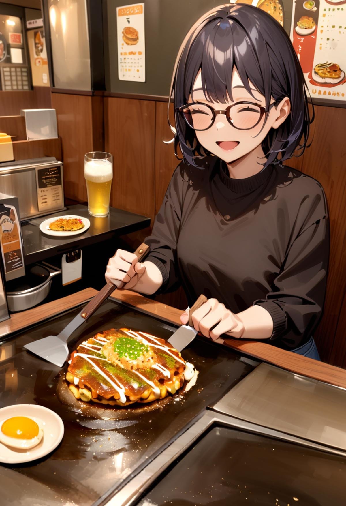 masterpiece, best quality, very aesthetic, absurdres,1girl, glasses, black hair, open mouth, TEKOKOTE, holding TEKOKOTE, closed eyes, pov across table, sitting, plate, table, scenery, okonomiyaki, Teppan, food, restaurant, beer mug, holding, smile, indoors, <lora:okonomiyaki_SDXL_V4:1>