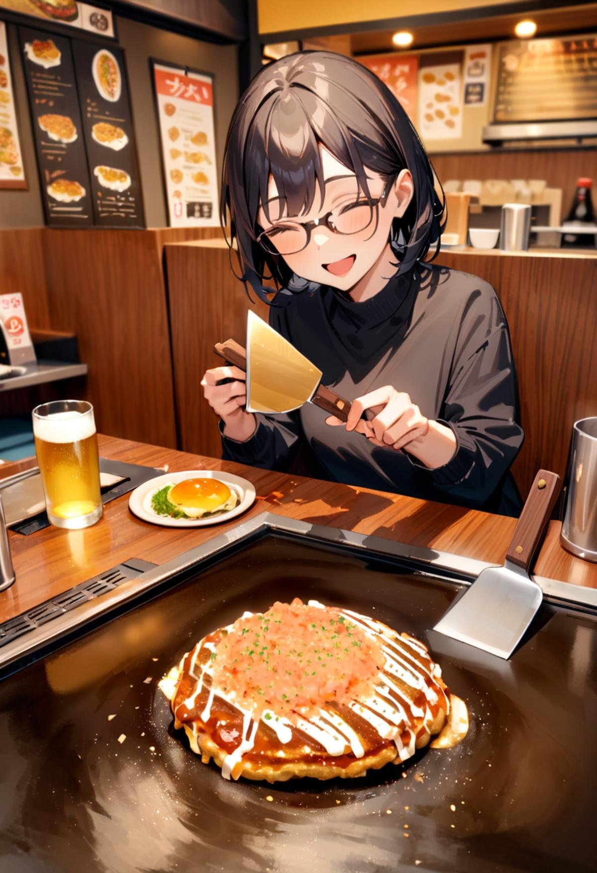 masterpiece, best quality, very aesthetic, absurdres,1girl, glasses, black hair, open mouth, TEKOKOTE, holding TEKOKOTE, closed eyes, pov across table, sitting, plate, table, scenery, okonomiyaki, Teppan, food, restaurant, beer mug, holding, smile, indoors, <lora:okonomiyaki_SDXL_V4:1>