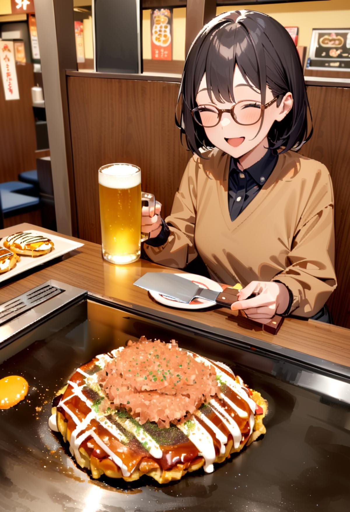 masterpiece, best quality, very aesthetic, absurdres,1girl, glasses, black hair, open mouth, TEKOKOTE, holding TEKOKOTE, closed eyes, pov across table, sitting, plate, table, scenery, okonomiyaki, Teppan, food, restaurant, beer mug, holding, smile, indoors, <lora:okonomiyaki_SDXL_V4:1>