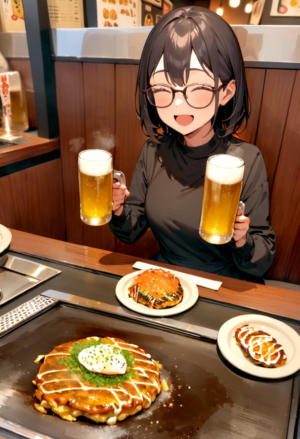 masterpiece, best quality, very aesthetic, absurdres,1girl, glasses, black hair, open mouth, eating, holding beer mug, holding TEKOKOTE, closed eyes, pov across table, sitting, plate, table, scenery, okonomiyaki, Teppan, food, TEKOKOTE, restaurant, beer mug, holding, smile, indoors, <lora:okonomiyaki_SDXL_V4:1>