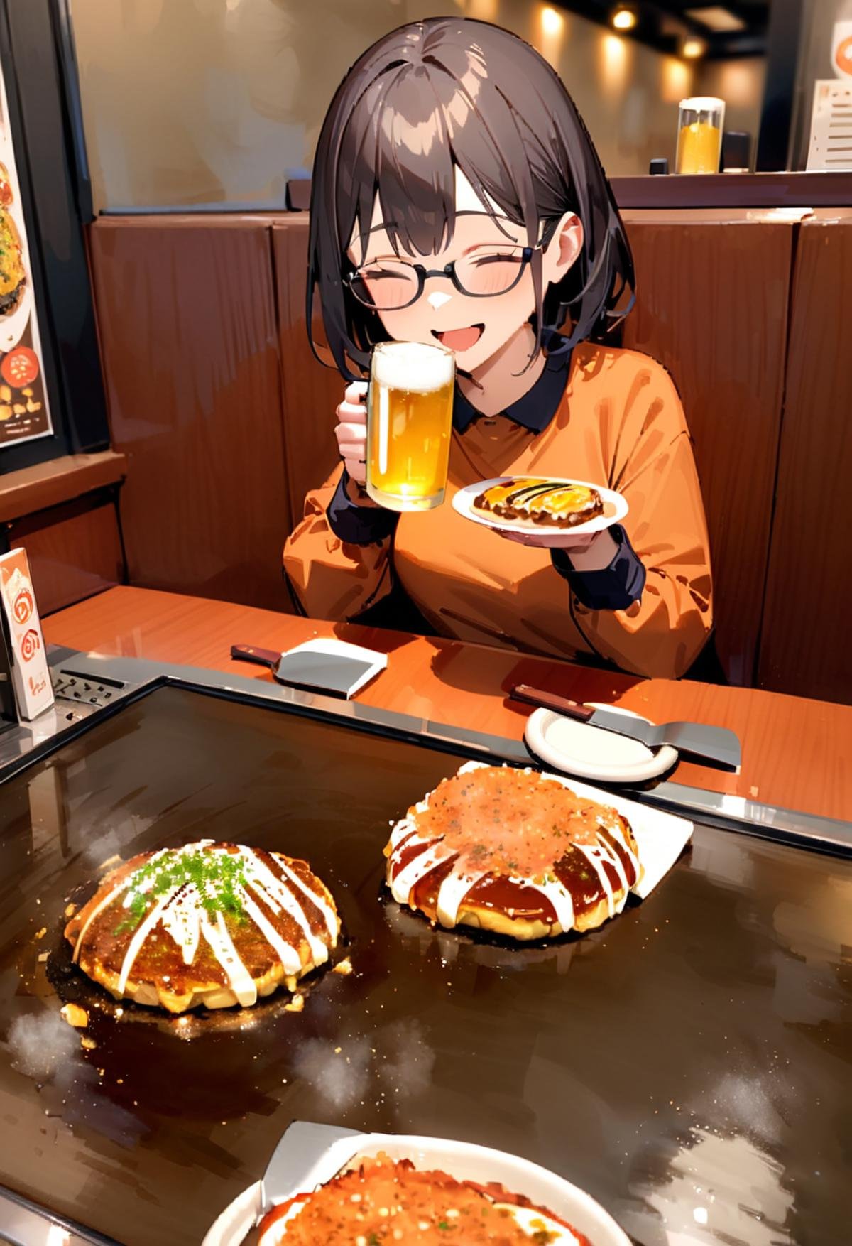 masterpiece, best quality, very aesthetic, absurdres,1girl, glasses, black hair, open mouth, eating, holding beer mug, holding TEKOKOTE, closed eyes, pov across table, sitting, plate, table, scenery, okonomiyaki, Teppan, food, TEKOKOTE, restaurant, beer mug, holding, smile, indoors, <lora:okonomiyaki_SDXL_V4:1>