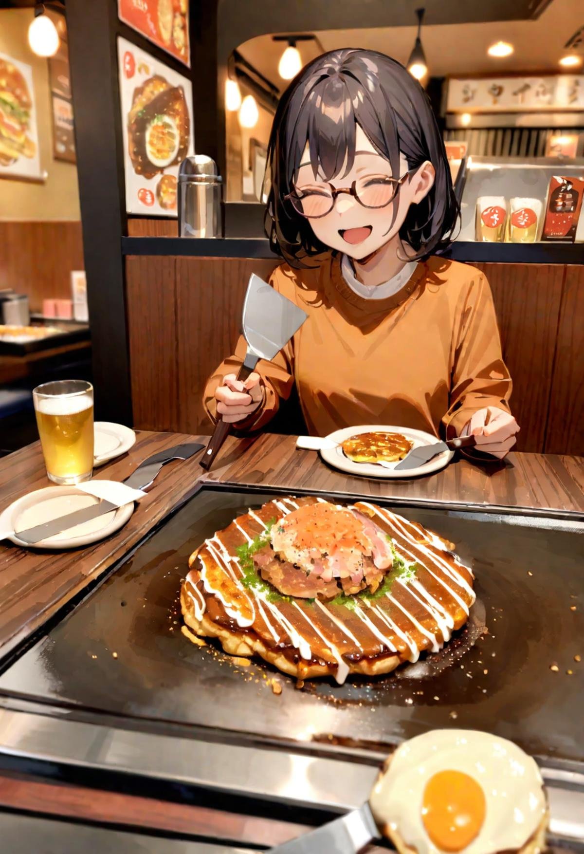 masterpiece, best quality, very aesthetic, absurdres,1girl, glasses, black hair, open mouth, TEKOKOTE, holding TEKOKOTE, closed eyes, pov across table, sitting, plate, table, scenery, okonomiyaki, Teppan, food, restaurant, beer mug, holding, smile, indoors, <lora:okonomiyaki_SDXL_V4:1>