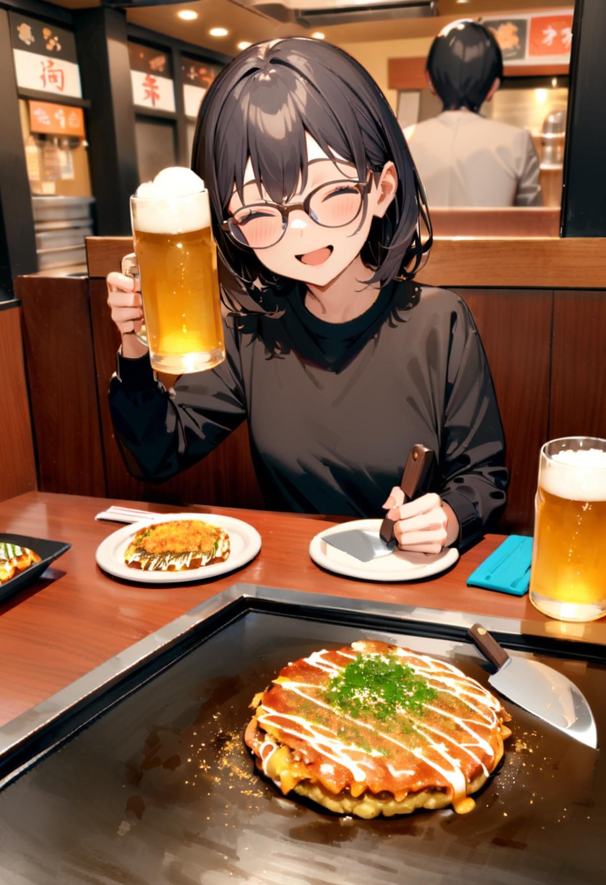 masterpiece, best quality, very aesthetic, absurdres,1girl, glasses, black hair, open mouth, eating, holding beer mug, TEKOKOTE, holding TEKOKOTE, closed eyes, pov across table, sitting, plate, table, scenery, okonomiyaki, Teppan, food, restaurant, beer mug, holding, smile, indoors, <lora:okonomiyaki_SDXL_V4:1>