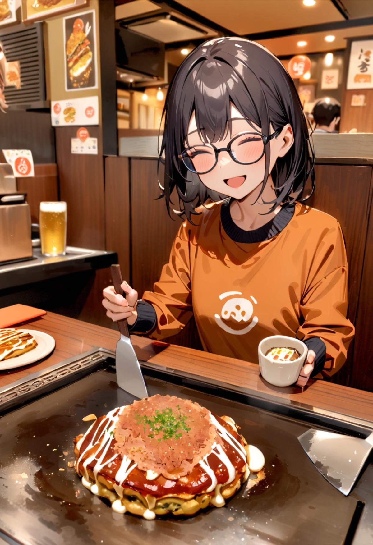 masterpiece, best quality, very aesthetic, absurdres,1girl, glasses, black hair, open mouth, TEKOKOTE, holding TEKOKOTE, closed eyes, pov across table, sitting, plate, table, scenery, okonomiyaki, Teppan, food, restaurant, beer mug, holding, smile, indoors, <lora:okonomiyaki_SDXL_V4:1>