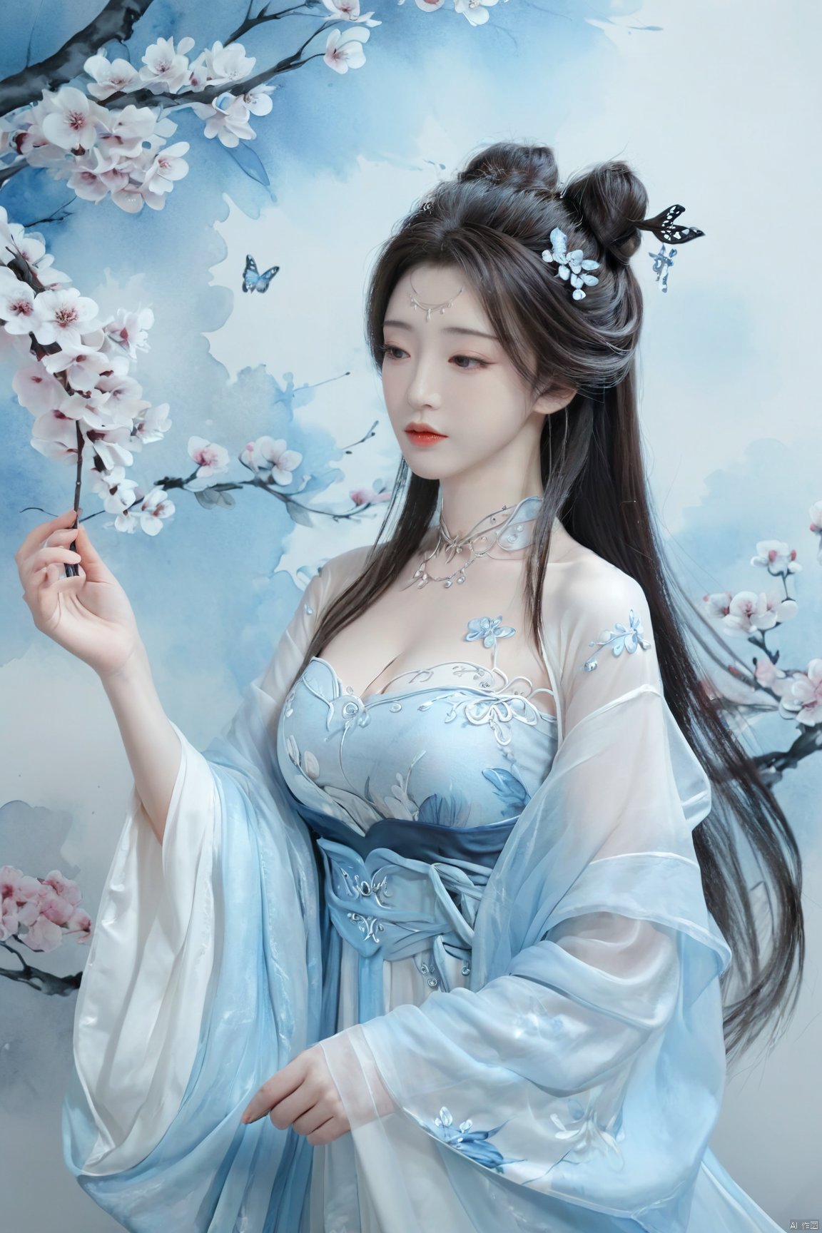 masterpiece,(best quality),upper_body,,exploring cherry blossom branches,wonderland,light blue element, sly,Xsulingyun,(big breasts:1.79),Xtianxiwei,fantasy_butterfly, New Chinese_Hanfu,Xnangongwan, X-Hydrangea, traditional chinese ink painting,black and white ink painting