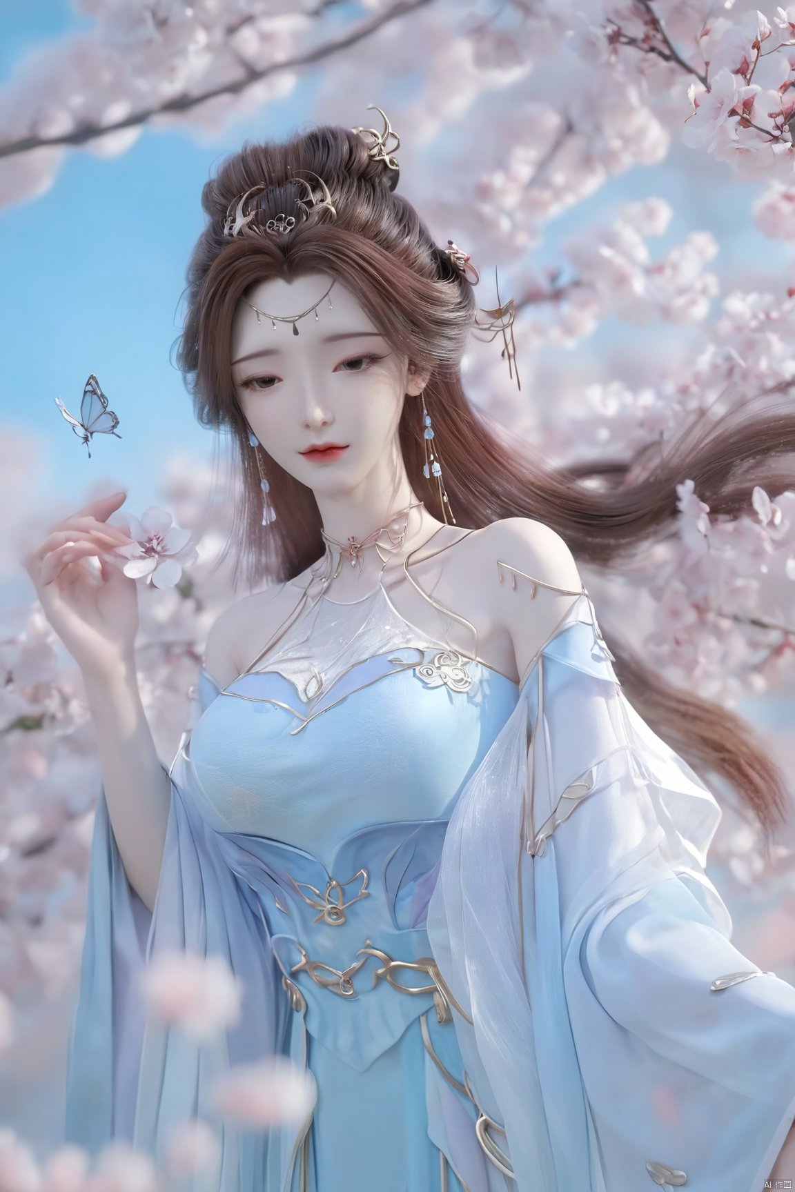 masterpiece,(best quality),upper_body,,exploring cherry blossom branches,wonderland,light blue element, sly,Xsulingyun,(big breasts:1.79),Xtianxiwei,fantasy_butterfly, New Chinese_Hanfu,Xnangongwan, X-Hydrangea