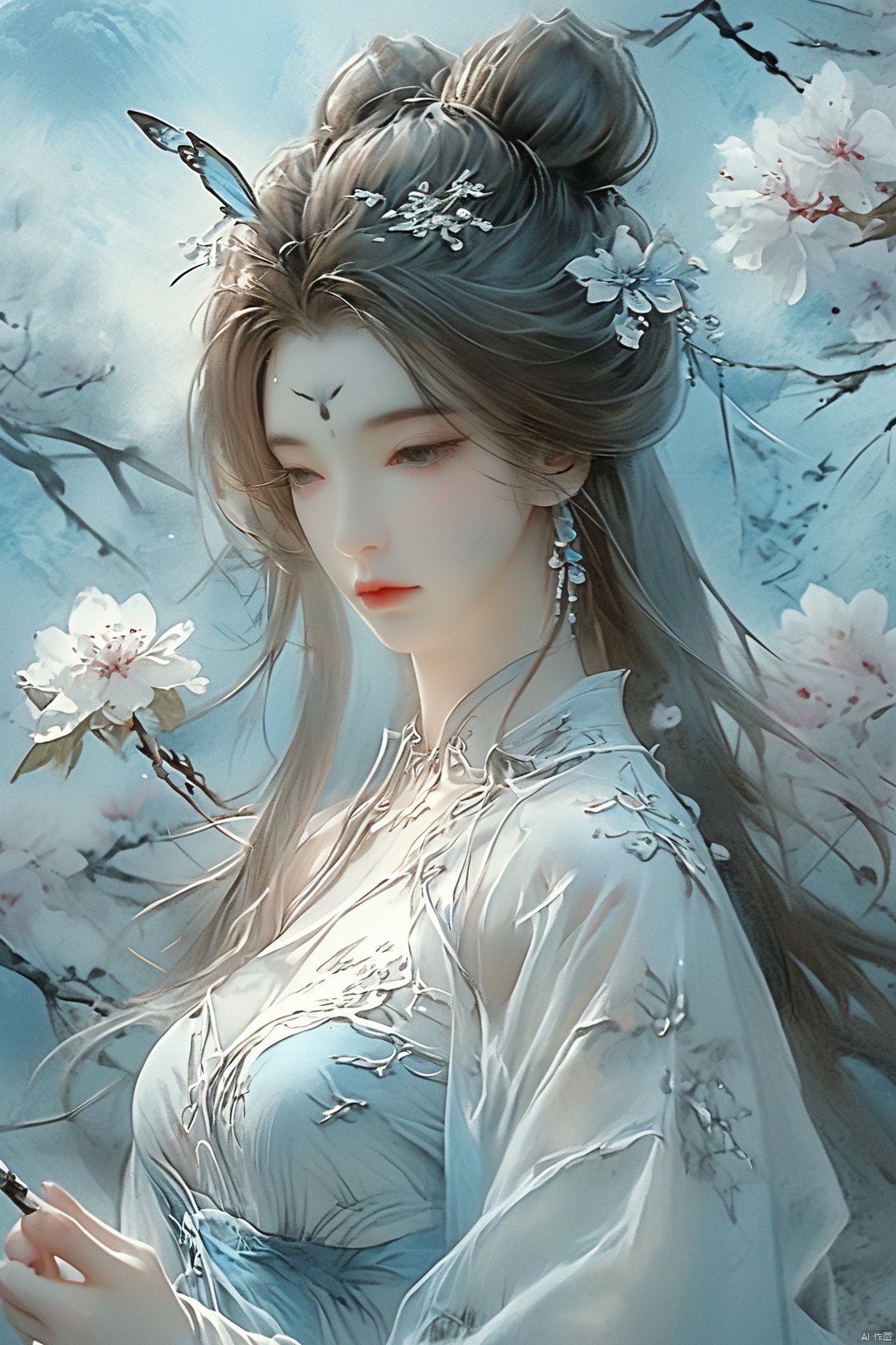 masterpiece,(best quality),upper_body,,exploring cherry blossom branches,wonderland,light blue element, sly,Xsulingyun,(big breasts:1.79),Xtianxiwei,fantasy_butterfly, New Chinese_Hanfu,Xnangongwan, X-Hydrangea, traditional chinese ink painting,black and white ink painting