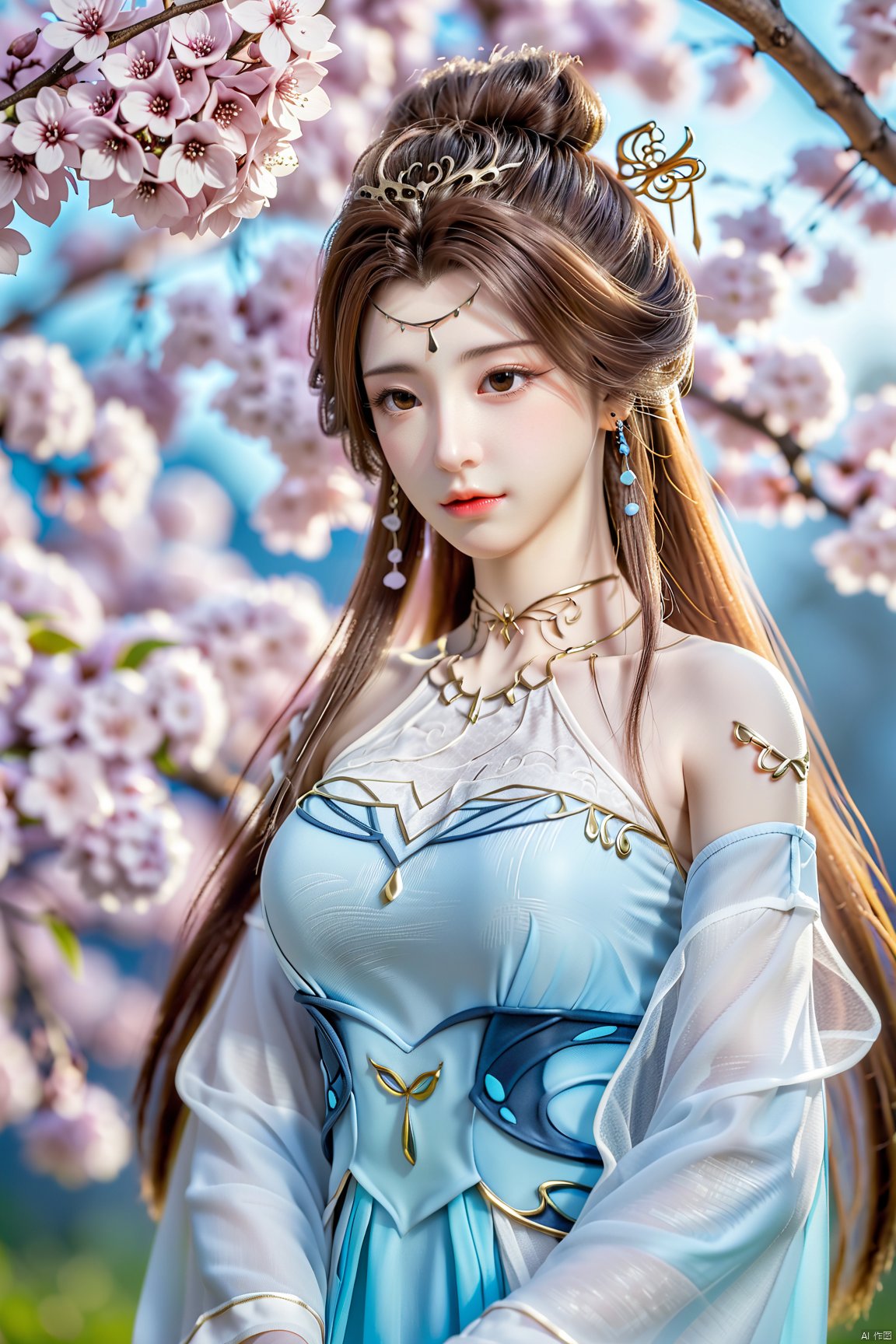 masterpiece,(best quality),upper_body,,exploring cherry blossom branches,wonderland,light blue element, sly,Xsulingyun,(big breasts:1.59),Xtianxiwei,fantasy_butterfly, New Chinese_Hanfu,Xnangongwan, X-Hydrangea