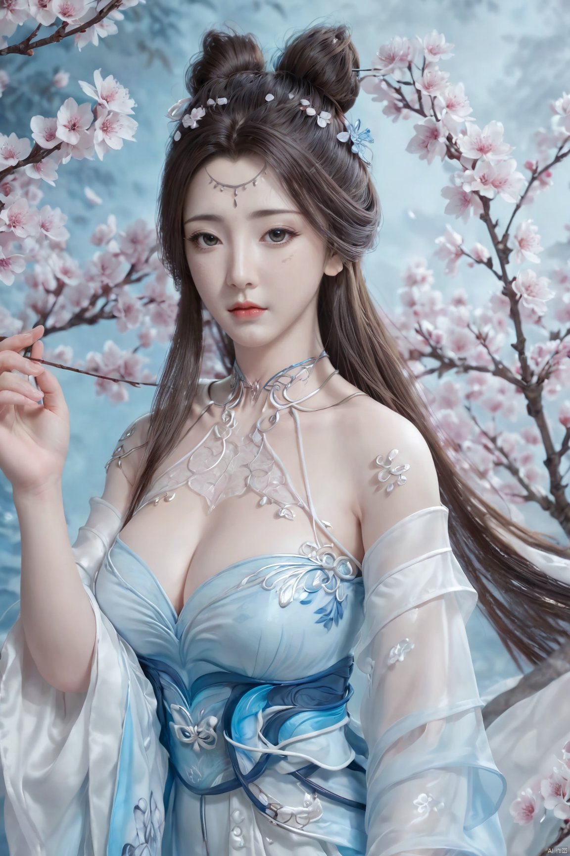 masterpiece,(best quality),upper_body,,exploring cherry blossom branches,wonderland,light blue element, sly,Xsulingyun,(big breasts:1.79),Xtianxiwei,fantasy_butterfly, New Chinese_Hanfu,Xnangongwan, X-Hydrangea, traditional chinese ink painting,black and white ink painting