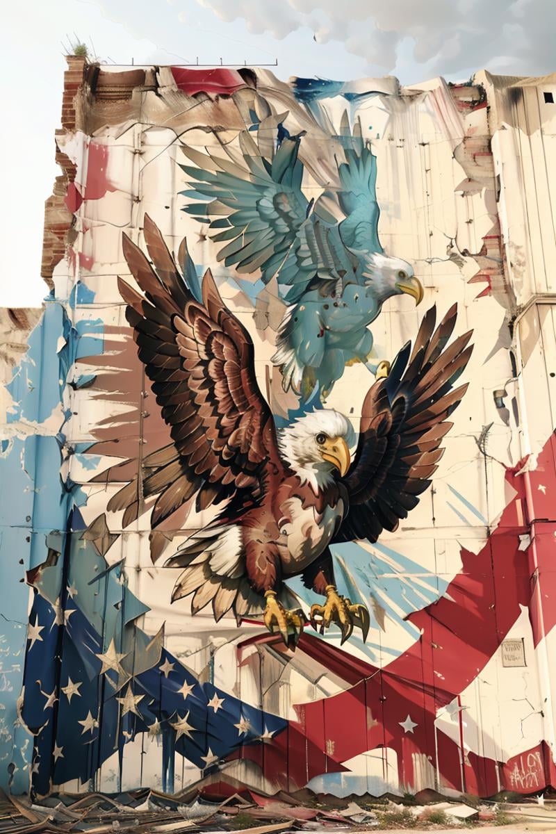 bald eagle in flight, american flag, mural <lora:Wall:1>