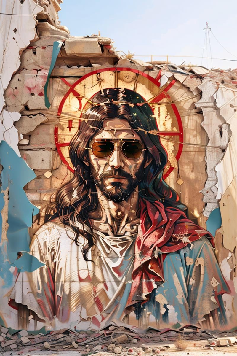 jesus wearing sunglasses, byzantine icon, mural <lora:Wall:1>