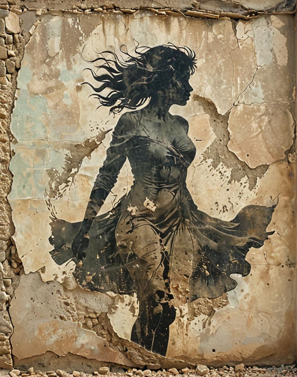 faded silhouette of a windblown woman <lora:Wall_XL:1>