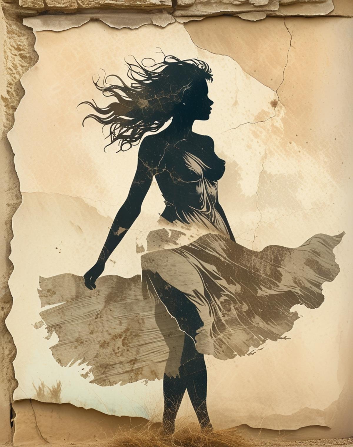 faded silhouette of a windblown woman <lora:Wall_XL:1>