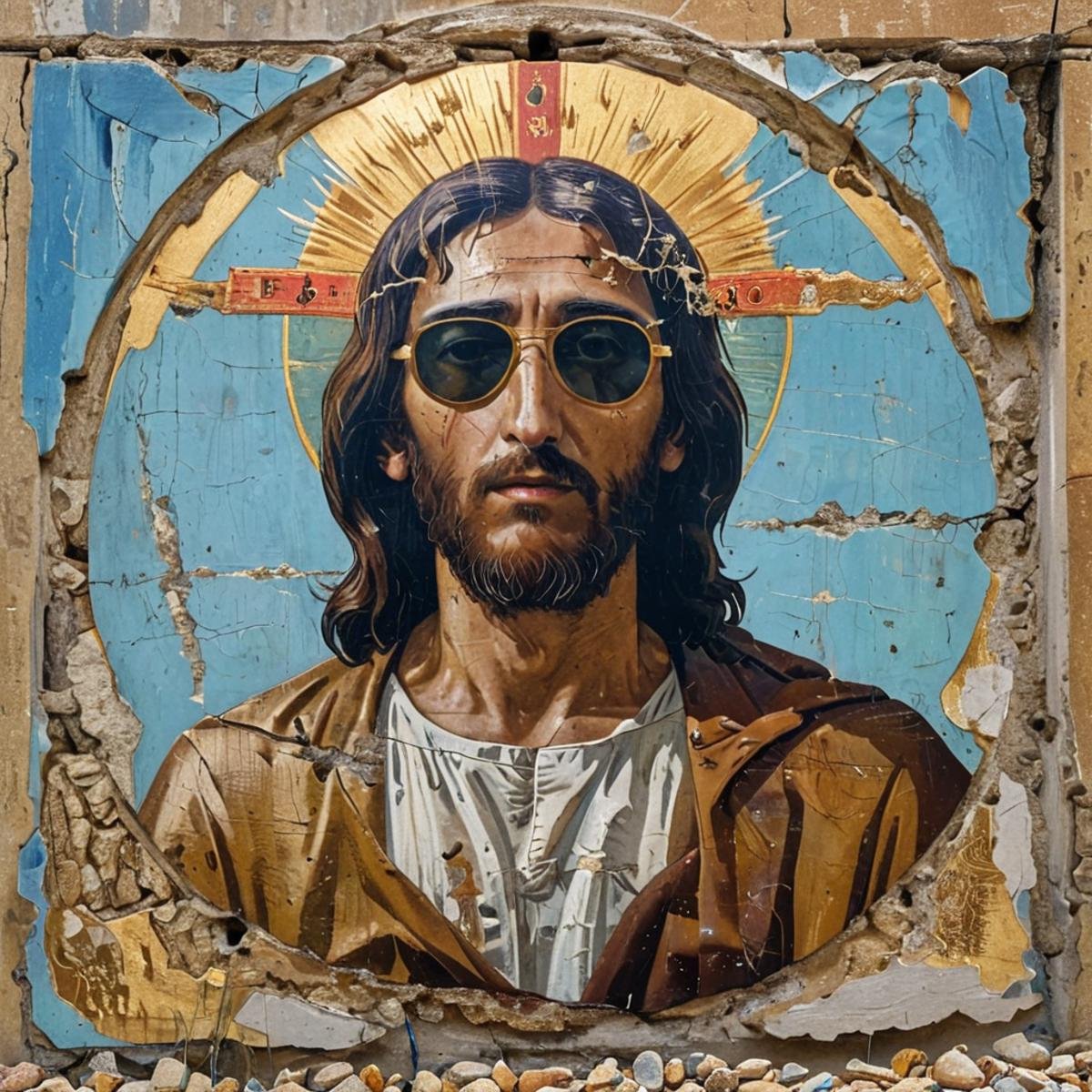 jesus wearing sunglasses, byzantine icon, halo  <lora:Wall_XL:1>