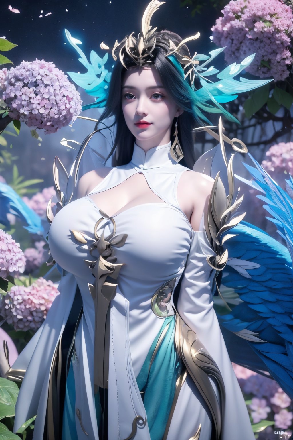  Best Quality, masterpiece, ultra-high resolution, (photo realistic: 1.4) , Surrealism, Fantastical verisimilitude, beautiful blue-skinned goddess Phoenix Peacock on her head, fantastical creation, thriller color scheme, surrealism, abstract, psychedelic, 1 girl,flower,castle,jyy-hd,1 girl,(big breasts:1.39),,Xliushen,Xyunxi,Xhuolinger,X-Hydrangea,Hydrangea, ty-hd