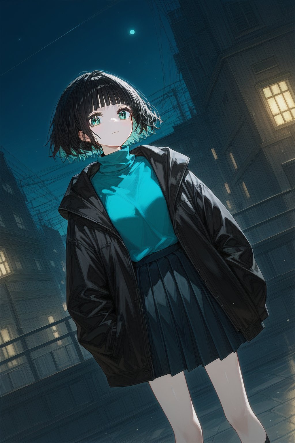 score_9_up,score_8_up, source_anime,solo,1girl,short-hair,multicolored_hair,bangs,skirt,shirt,black hair, long sleeves, green eyes,dutch_angle, full_body, pleated_skirt, open clothes, hood, blunt bangs, black jacket,choker,night,turtleneck,Nira-Chan,