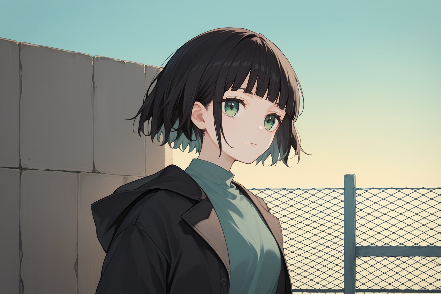 score_9_up,score_8_up, source_anime,solo,1girl,short-hair,bangs,skirt,shirt,black hair, long sleeves, green eyes, standing,jacket, upper_body, pleated_skirt, outdoors, open clothes, hood, blunt bangs, black jacket, fence,Nira-Chan