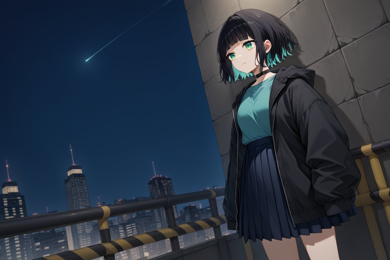 score_9_up,score_8_up, source_anime,solo,1girl,short-hair,multicolored_hair,bangs,skirt,shirt,black hair, long sleeves, green eyes,dutch_angle, full_body, pleated_skirt, open clothes, hood, blunt bangs, black jacket,choker,night,dark,Nira-Chan,