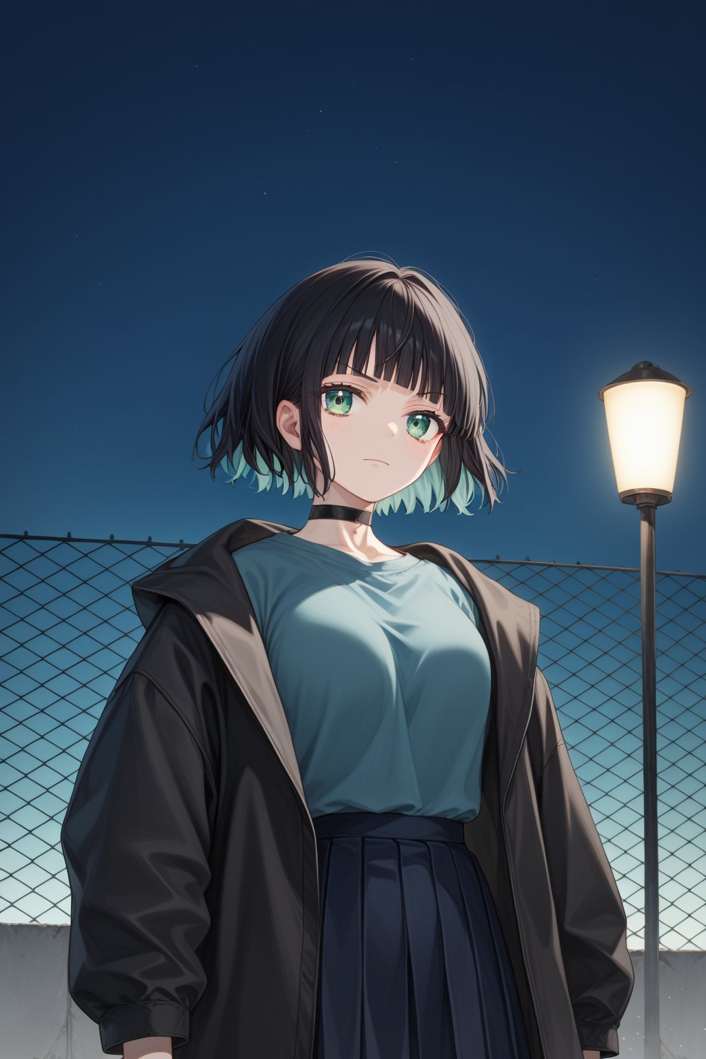 score_9_up,score_8_up, source_anime,solo,1girl,short-hair,multicolored_hair,bangs,skirt,shirt,black hair, long sleeves, green eyes, standing,jacket, upper_body, pleated_skirt, outdoors, open clothes, hood, blunt bangs, black jacket, fence,flashlight,grabbing,choker,night,pointing the flashlight,Nira-Chan,