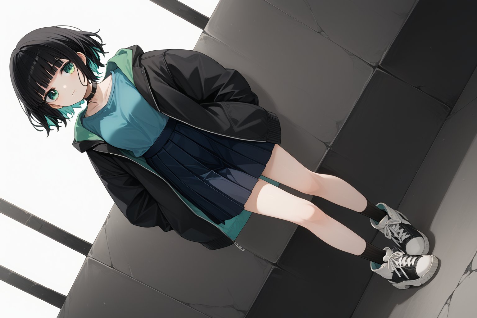 score_9_up,score_8_up, source_anime,solo,1girl,short-hair,multicolored_hair,bangs,skirt,shirt,black hair, long sleeves, green eyes,dutch_angle, full_body, pleated_skirt, open clothes, hood, blunt bangs, black jacket,choker,Nira-Chan,