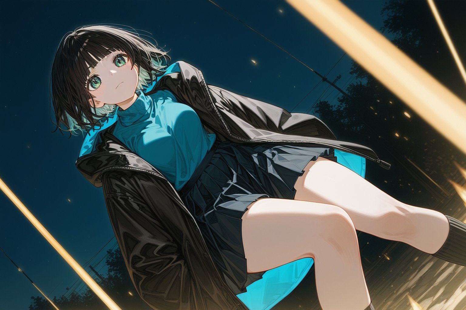 score_9_up,score_8_up, source_anime,solo,1girl,short-hair,multicolored_hair,bangs,skirt,shirt,black hair, long sleeves, green eyes,dutch_angle, full_body, pleated_skirt, open clothes, hood, blunt bangs, black jacket,choker,night,turtleneck,Nira-Chan,