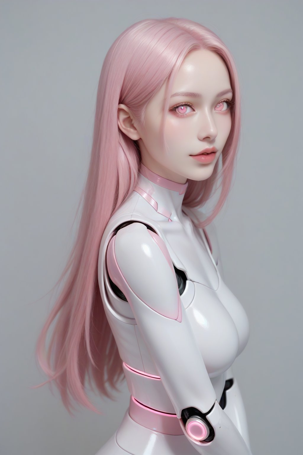 score_9, score_8_up, score_7_up, 1girl, solo, pink eyes, blue eyes, robot joints, long hair, looking at viewer, glowing, pink hair, android, colored skin, Kunaboto, figure,  