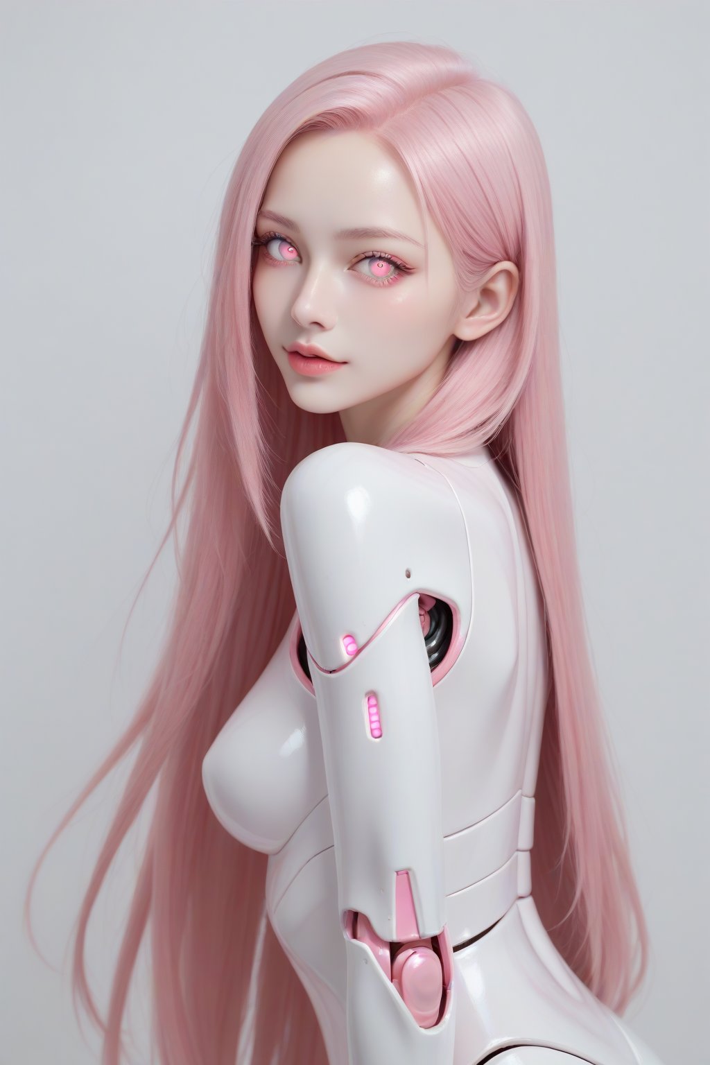 score_9, score_8_up, score_7_up, 1girl, solo, pink eyes, blue eyes, robot joints, long hair, looking at viewer, glowing, pink hair, android, colored skin, Kunaboto, figure,  