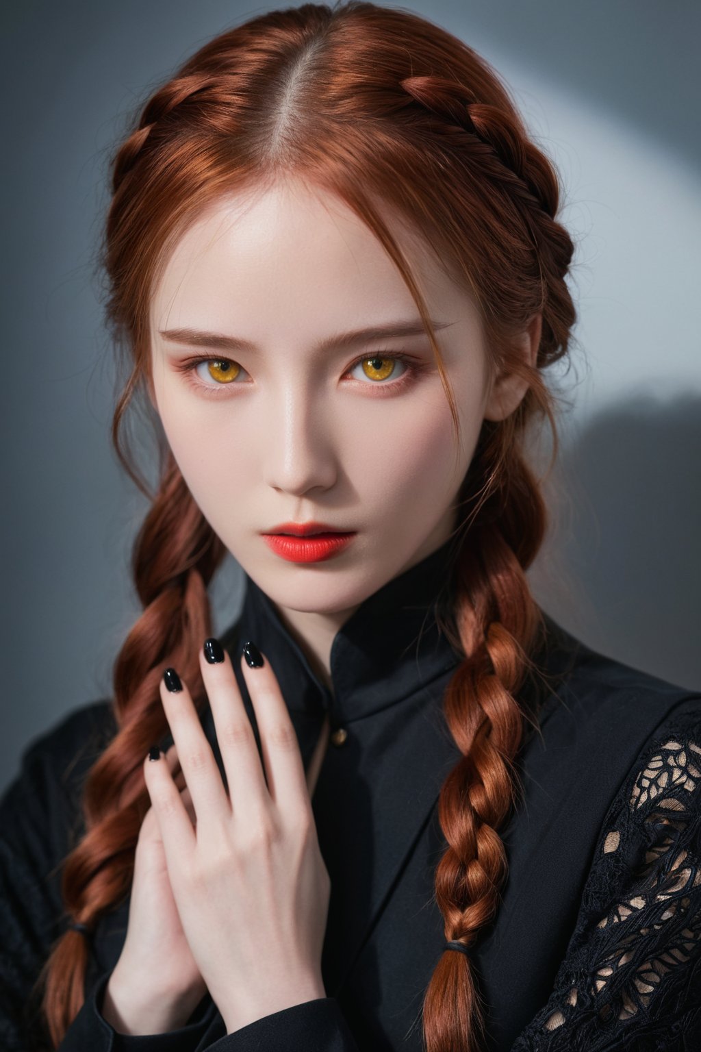 (ultra realistic,best quality),photorealistic,Extremely Realistic,in depth,cinematic light,hubggirl,

BREAK

stunning anime portrait of a red-haired girl with intense yellow eyes, close-up view, intricate hand details, braided hair, dark clothing, strong light and shadow contrasts, black nails, 17 years old, 

BREAK

dynamic poses, particle effects, perfect hands, perfect lighting, vibrant colors, intricate details, high detailed skin, intricate background, realistic, raw, analog, taken by Sony Alpha 7R IV, Zeiss Otus 85mm F1.4, ISO 100 Shutter Speed 1/400, Vivid picture, More Reasonable Details