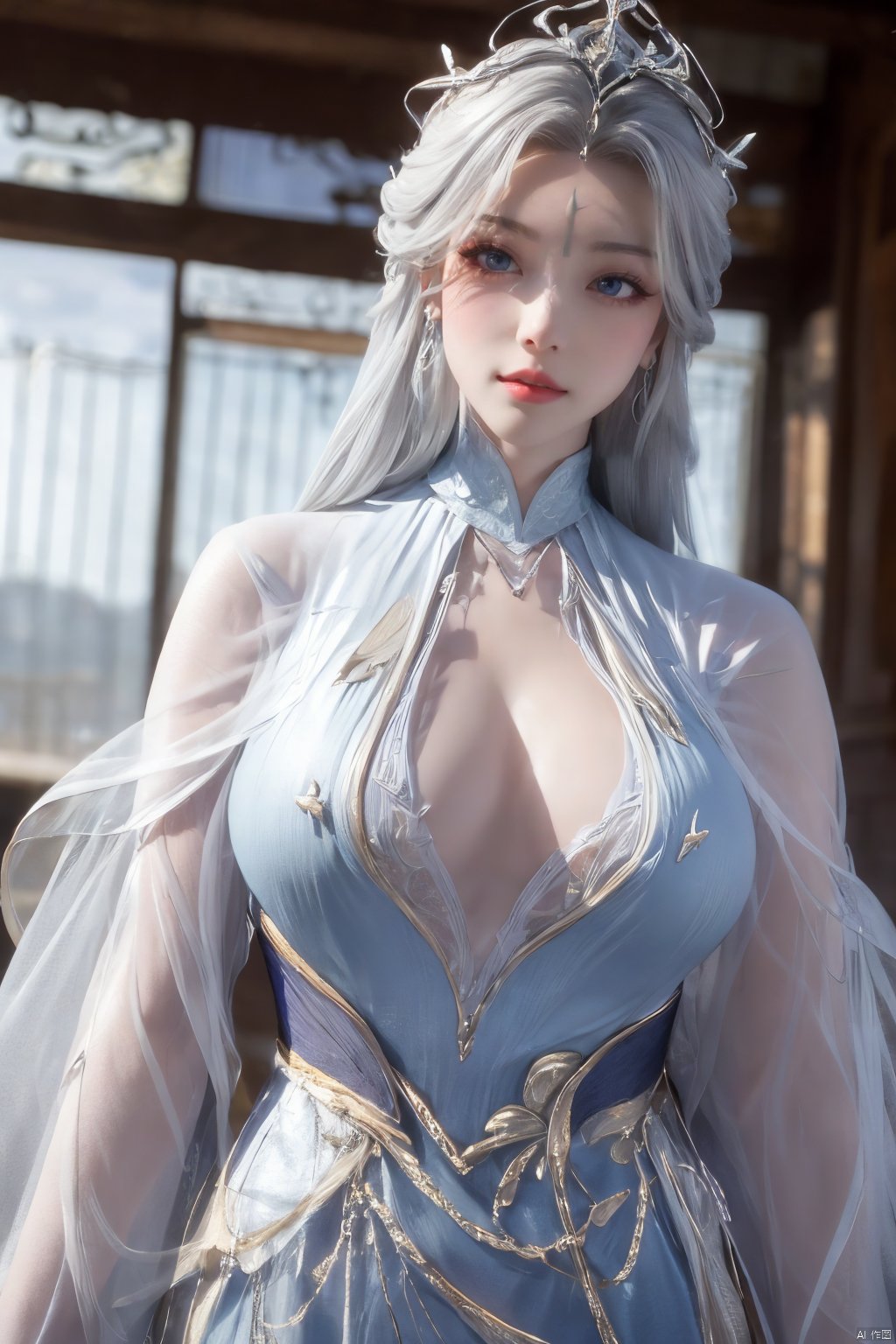 masterpiece,(best quality),official art,extremely detailed cg 8k wallpaper,(extremely delicate and beautiful),solo,realistic,photo_\(medium\),chinese clothes,blue dress,1girl,solo,blue eyes,earrings,mole,white hair,armor,crown,mole under eye,,Xningyudie,(big_breasts:1.29), Yunxiao_Fairy,X-Hydrangea,Xyupopo,(veil:1.23), 1 girl